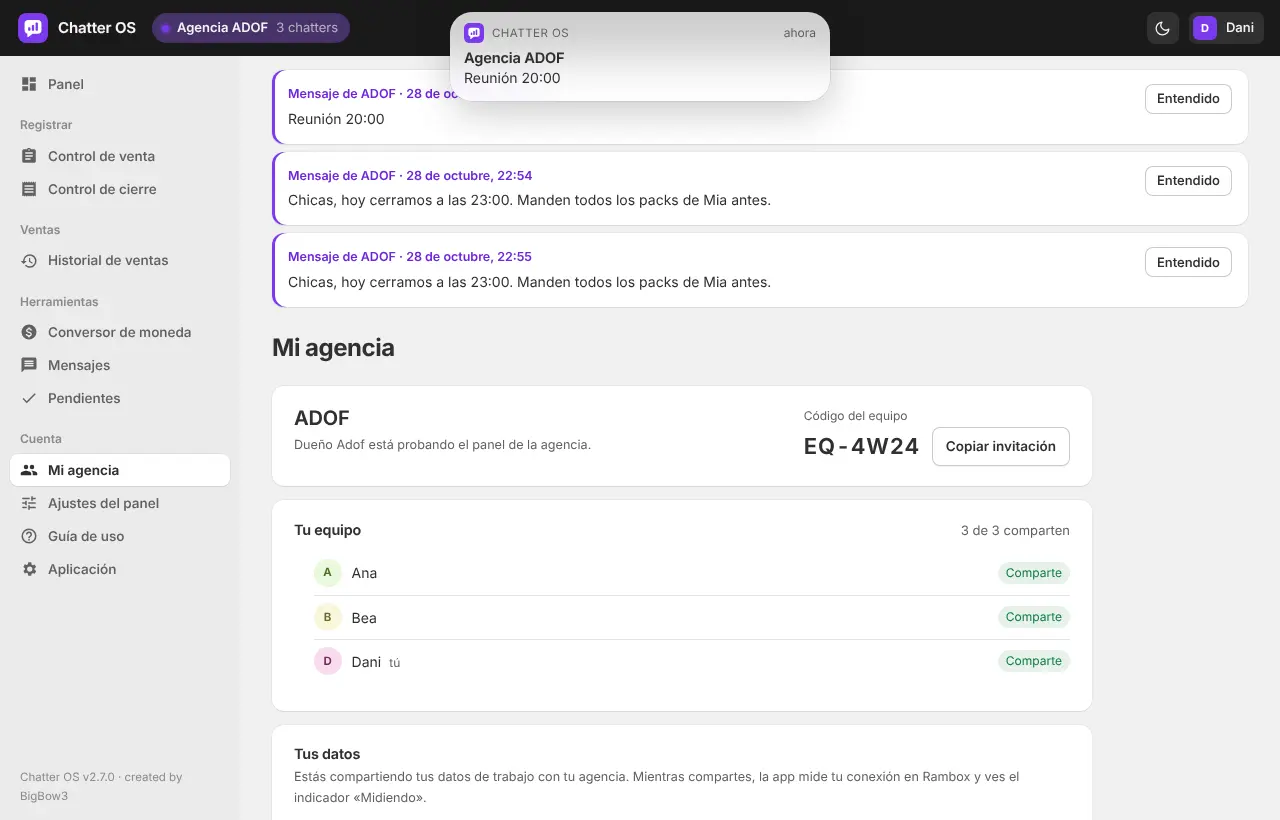 La app del chatter unida al equipo de la agencia, con los avisos arriba y la lista del equipo.